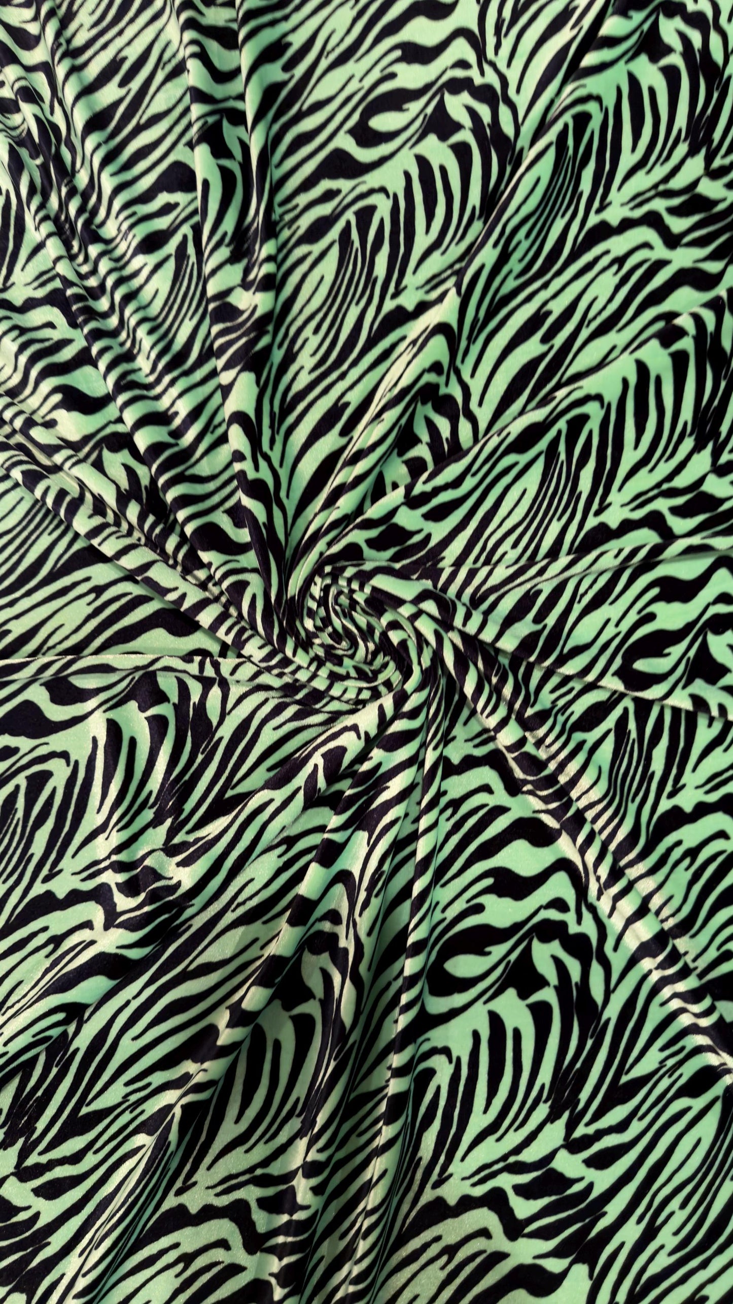 Exotic zebra design Green/Black  luxury stretch velvet 4-way stretch 58/60” High quality fabrics by AlexLAFabrics