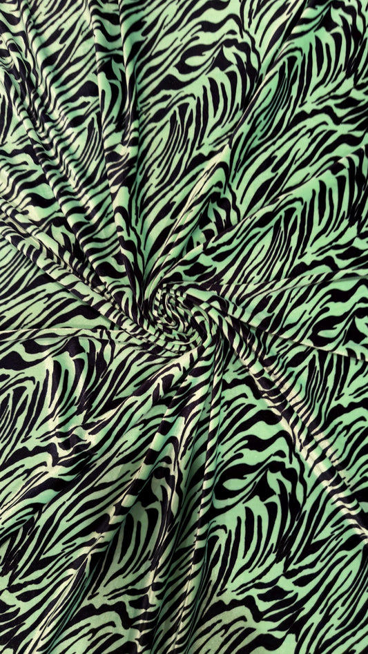 Exotic zebra design Green/Black  luxury stretch velvet 4-way stretch 58/60” High quality fabrics by AlexLAFabrics
