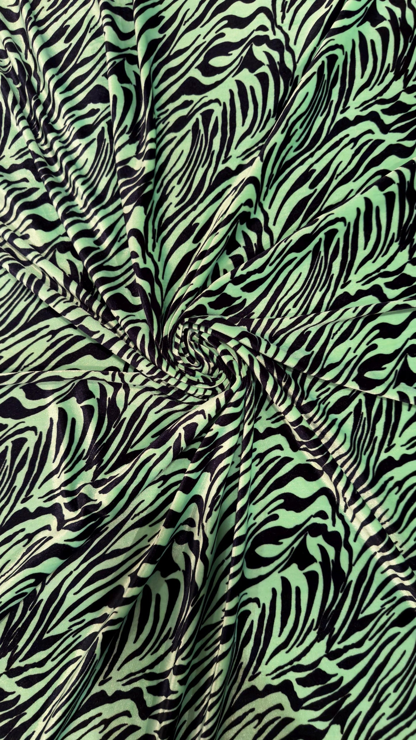 Exotic zebra design Green/Black  luxury stretch velvet 4-way stretch 58/60” High quality fabrics by AlexLAFabrics