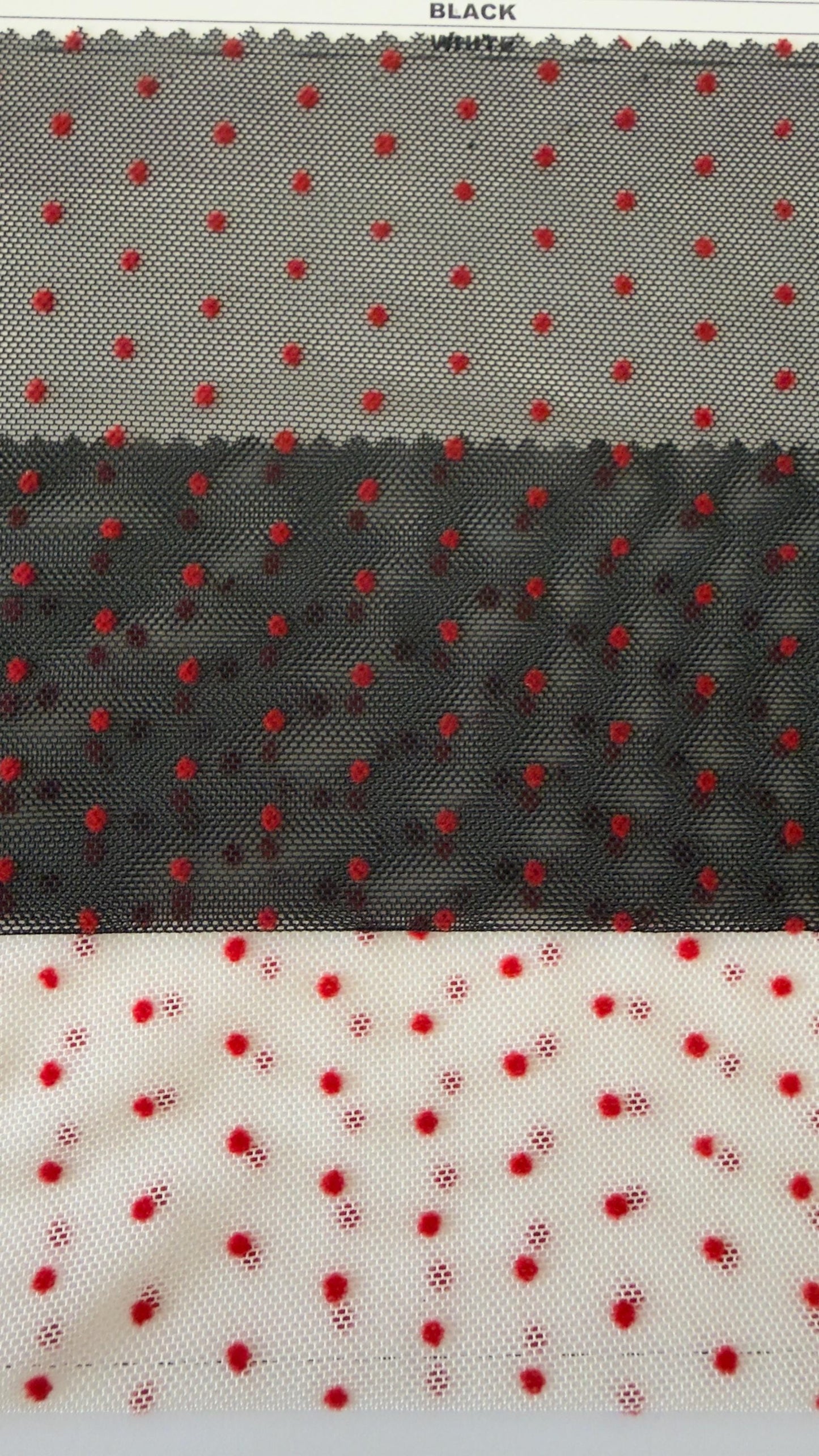 New polka dots design on power mesh with red small flocking dots 4-way stretch 58/60” Sold by the YD. Ships Worldwide from Los Angeles cali