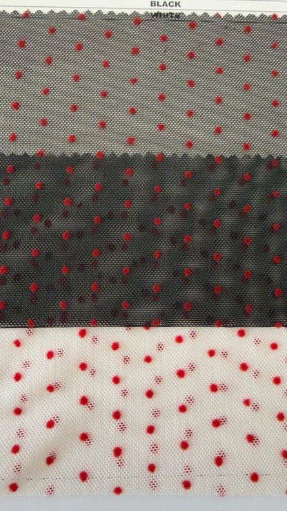 New polka dots design on power mesh with red small flocking dots 4-way stretch 58/60” Sold by the YD. Ships Worldwide from Los Angeles cali