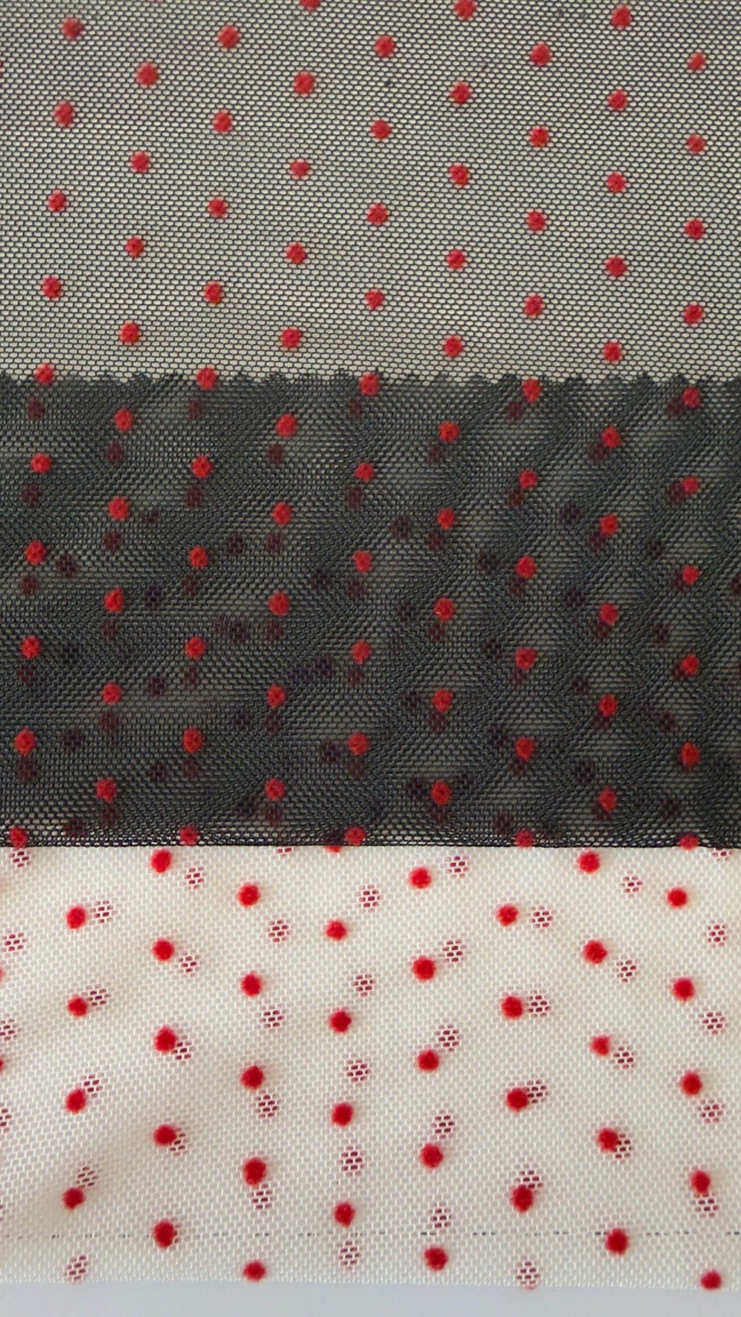 New polka dots design on power mesh with red small flocking dots 4-way stretch 58/60” Sold by the YD. Ships Worldwide from Los Angeles cali