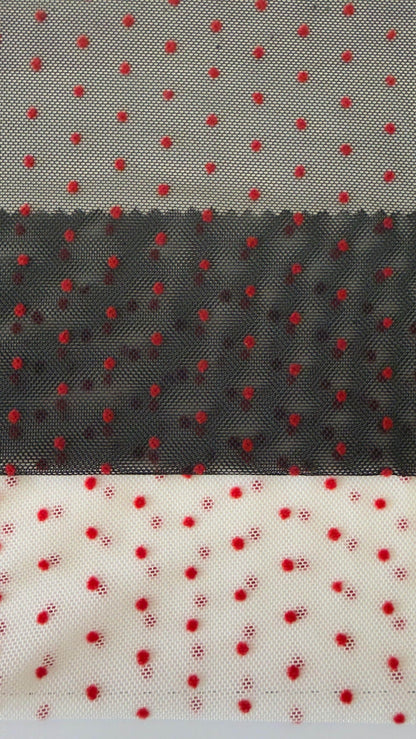 New polka dots design on power mesh with red small flocking dots 4-way stretch 58/60” Sold by the YD. Ships Worldwide from Los Angeles cali