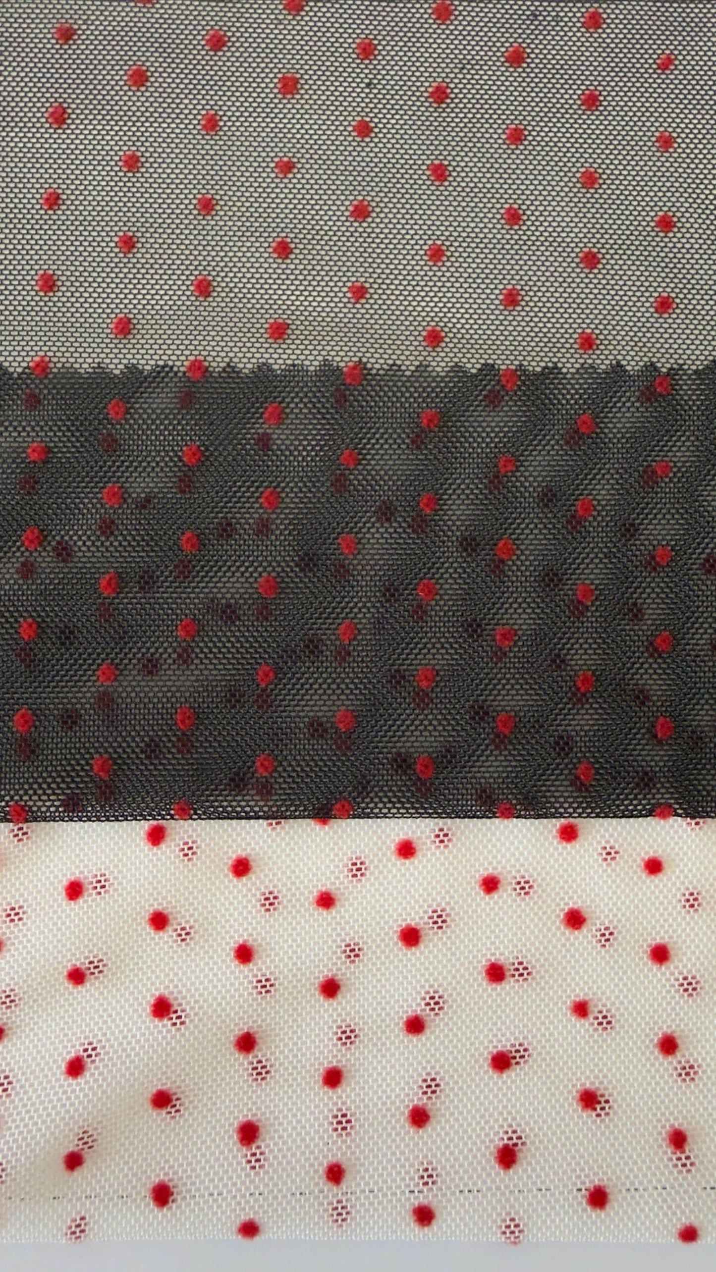 New polka dots design on power mesh with red small flocking dots 4-way stretch 58/60” Sold by the YD. Ships Worldwide from Los Angeles cali