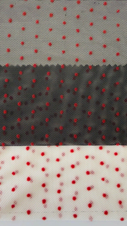 New polka dots design on power mesh with red small flocking dots 4-way stretch 58/60” Sold by the YD. Ships Worldwide from Los Angeles cali