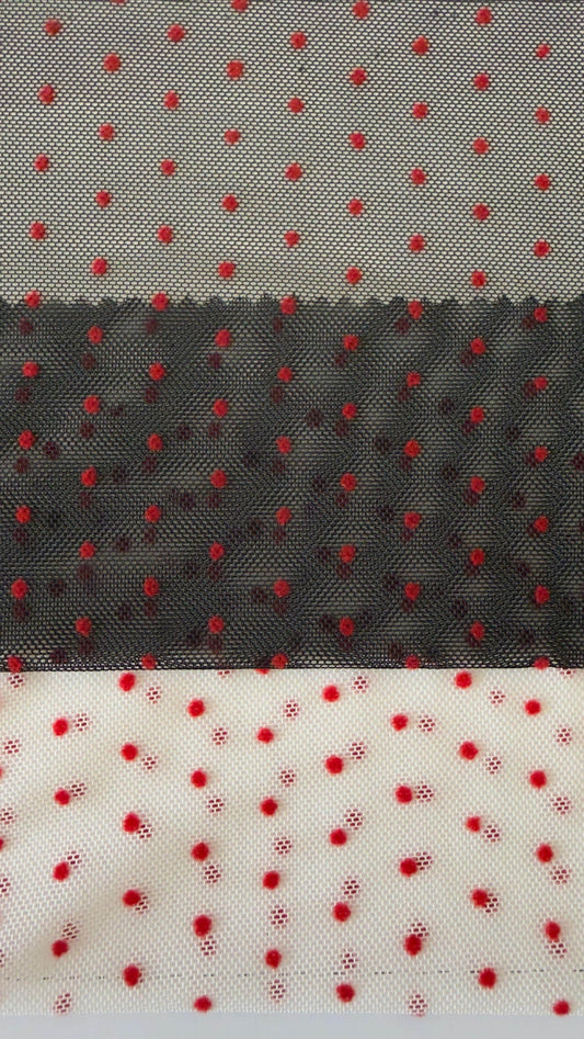 New polka dots design on power mesh with red small flocking dots 4-way stretch 58/60” Sold by the YD. Ships Worldwide from Los Angeles cali