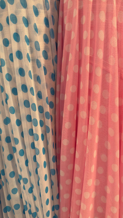New polka dots design print on power mesh 4-way stretch  58/60” Sold by the YD. Ships worldwide from Los Angeles California USA.