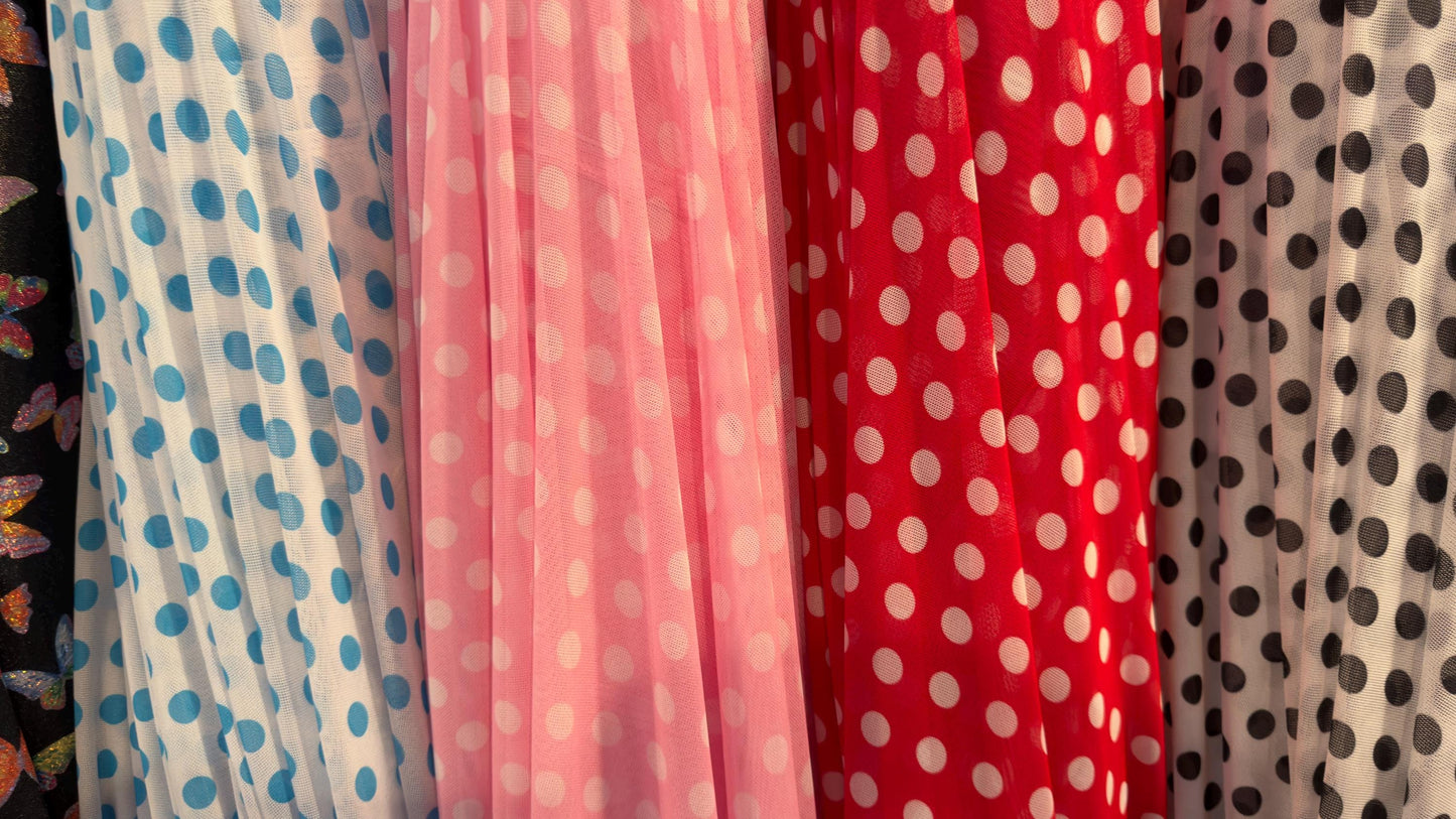 New polka dots design print on power mesh 4-way stretch  58/60” Sold by the YD. Ships worldwide from Los Angeles California USA.
