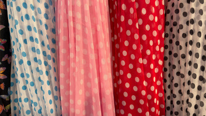New polka dots design print on power mesh 4-way stretch  58/60” Sold by the YD. Ships worldwide from Los Angeles California USA.