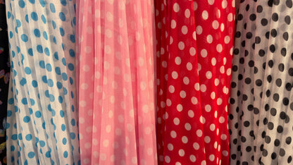 New polka dots design print on power mesh 4-way stretch  58/60” Sold by the YD. Ships worldwide from Los Angeles California USA.
