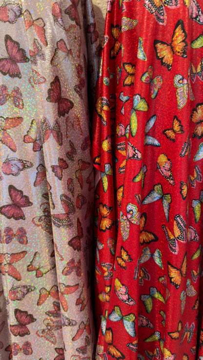 Exotic Butterfly design Multicolors print on great quality of Hologram metallic nylon spandex with foggy foil 4-way stretch 58/60”