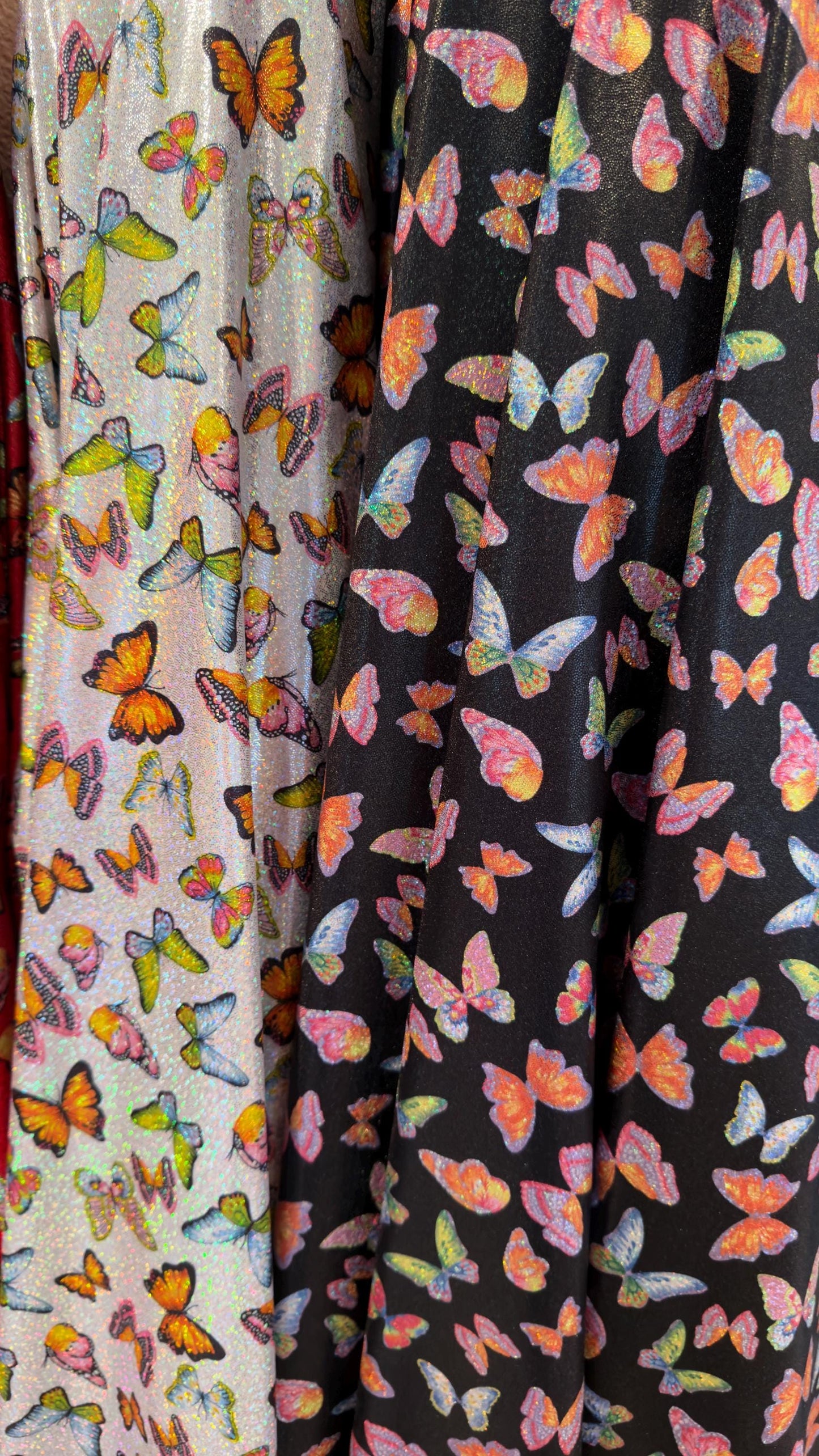Exotic Butterfly design Multicolors print on great quality of Hologram metallic nylon spandex with foggy foil 4-way stretch 58/60”