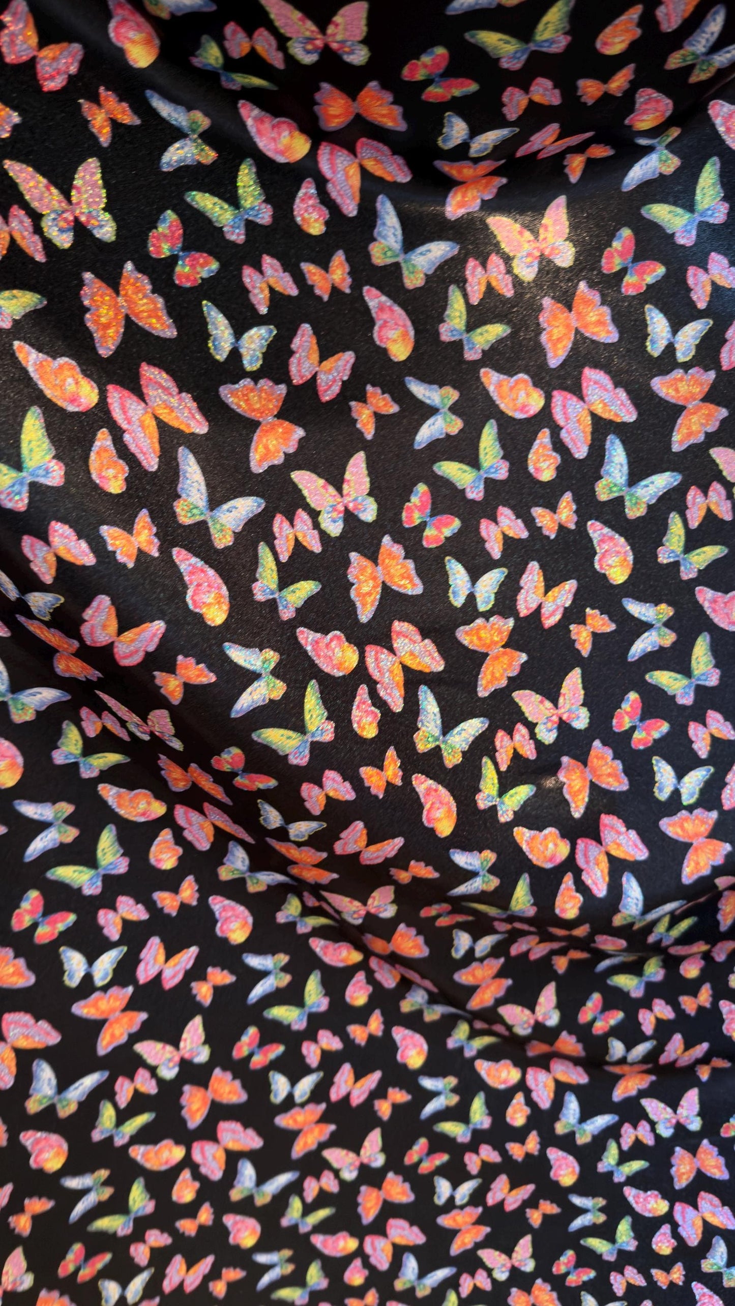 NEW Exotic Butterfly design Black/Multicolors print on great quality of Hologram metallic nylon spandex with foggy foil 4-way stretch 58/60”