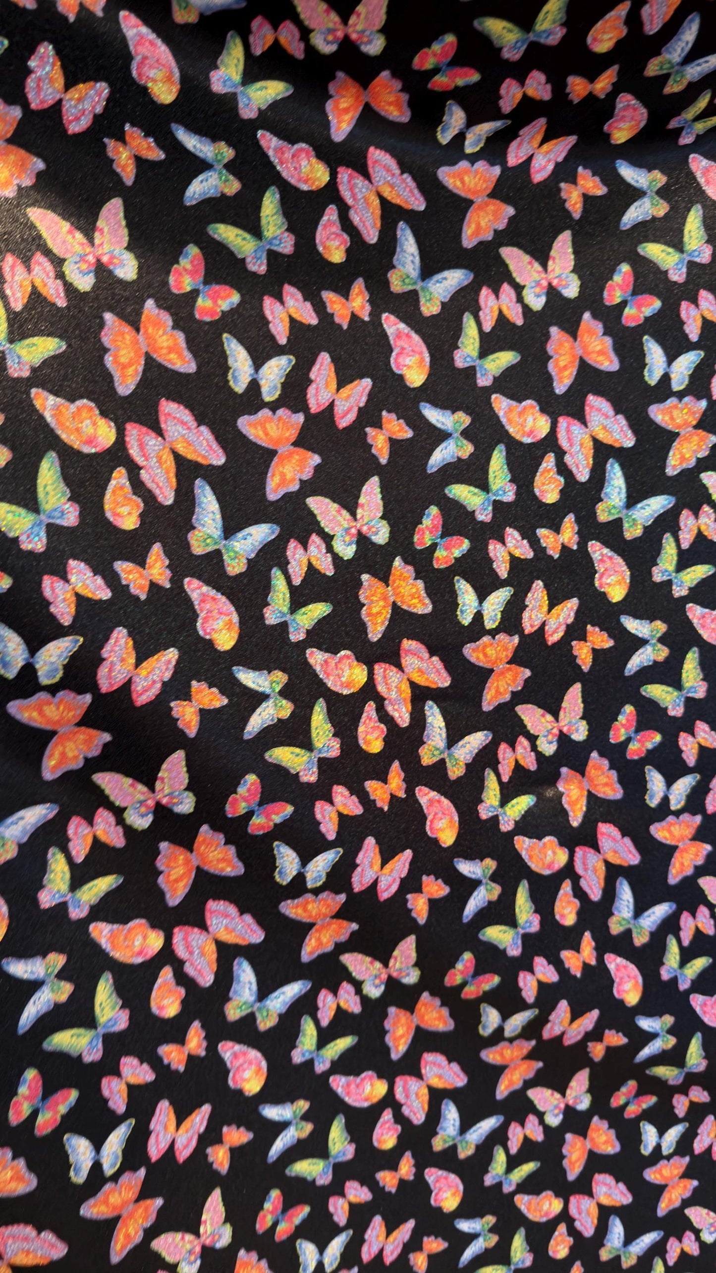 NEW Exotic Butterfly design Black/Multicolors print on great quality of Hologram metallic nylon spandex with foggy foil 4-way stretch 58/60”
