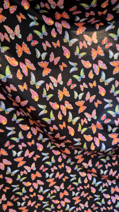 NEW Exotic Butterfly design Black/Multicolors print on great quality of Hologram metallic nylon spandex with foggy foil 4-way stretch 58/60”