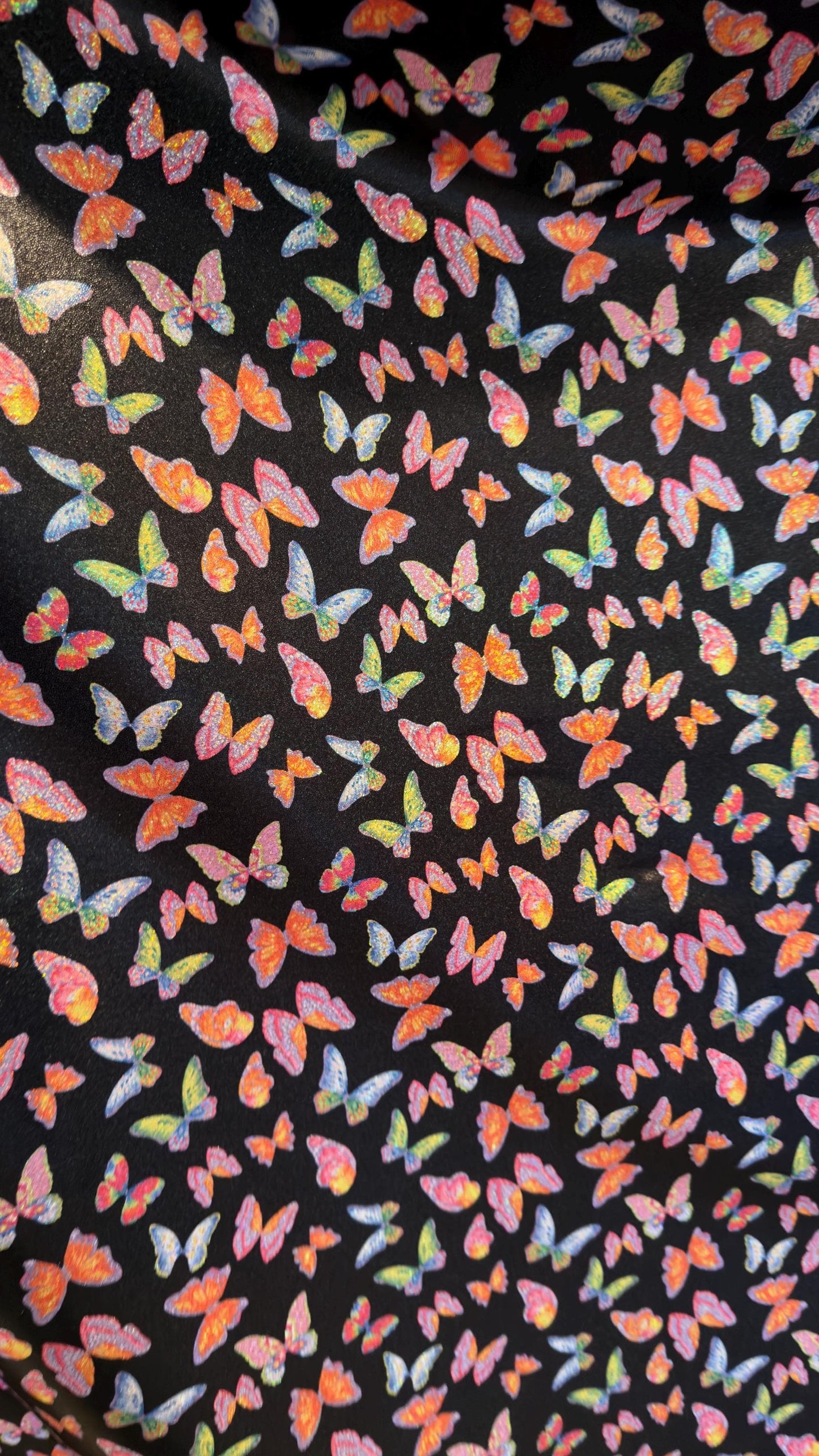 NEW Exotic Butterfly design Black/Multicolors print on great quality of Hologram metallic nylon spandex with foggy foil 4-way stretch 58/60”