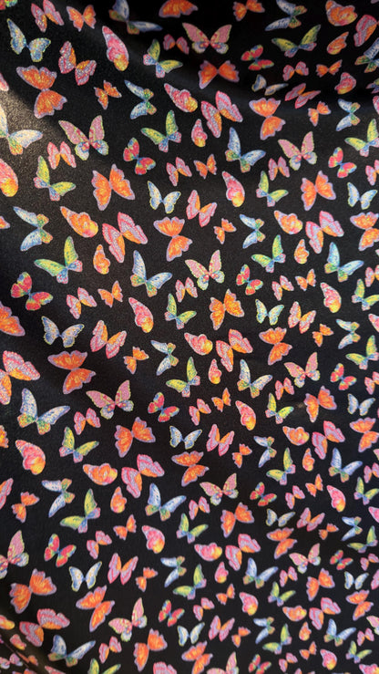 NEW Exotic Butterfly design Black/Multicolors print on great quality of Hologram metallic nylon spandex with foggy foil 4-way stretch 58/60”