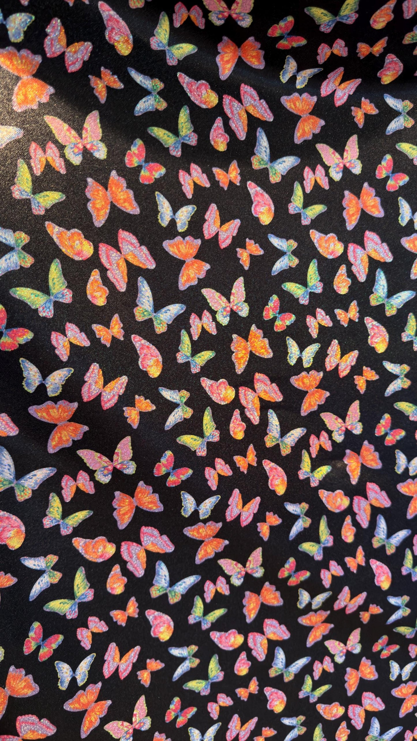 NEW Exotic Butterfly design Black/Multicolors print on great quality of Hologram metallic nylon spandex with foggy foil 4-way stretch 58/60”