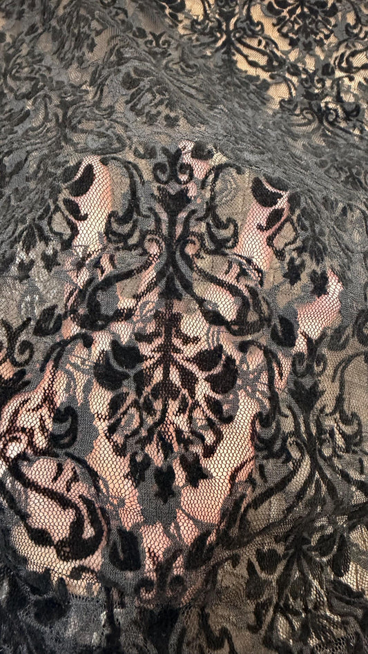 New Stretch Lace with flocking Damask design 58/60” 4-way stretch 58/60” Sold by the YD. Ships worldwide from Los Angeles California USA.