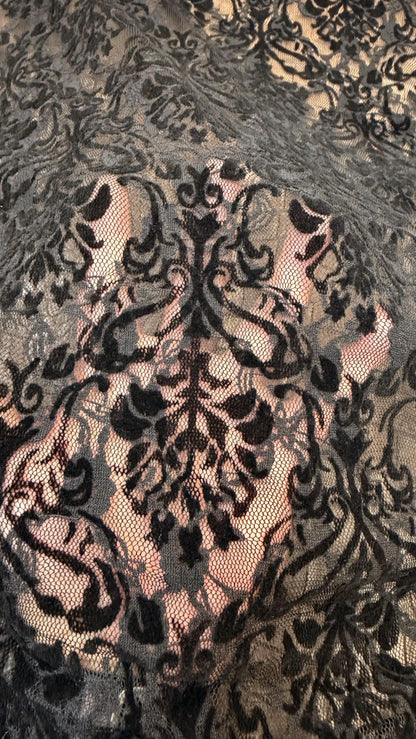 New Stretch Lace with flocking Damask design 58/60” 4-way stretch 58/60” Sold by the YD. Ships worldwide from Los Angeles California USA.