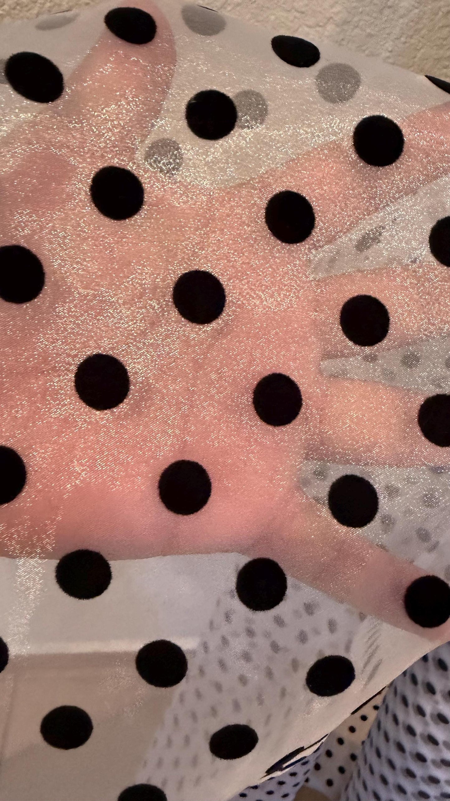 New Polka Dots flocking design  on great quality of crystal Silky Organza non stretch 58/60” Sold by the YD. Ships worldwide from LA CA