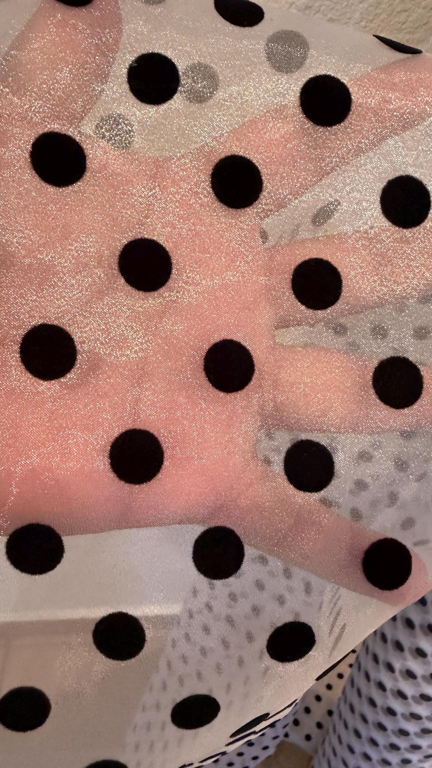 New Polka Dots flocking design  on great quality of crystal Silky Organza non stretch 58/60” Sold by the YD. Ships worldwide from LA CA