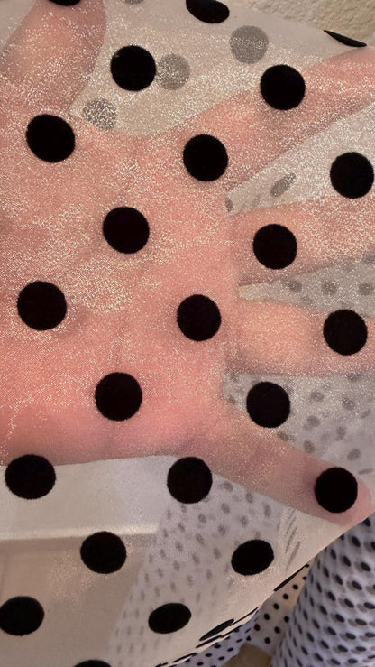 New Polka Dots flocking design  on great quality of crystal Silky Organza non stretch 58/60” Sold by the YD. Ships worldwide from LA CA