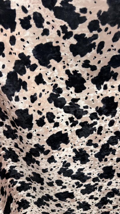 Exotic Cow design print on great quality of Crushed stretch velvet 4-way stretch 58/60” Sold by the YD. Ships worldwide from Los Angeles CA