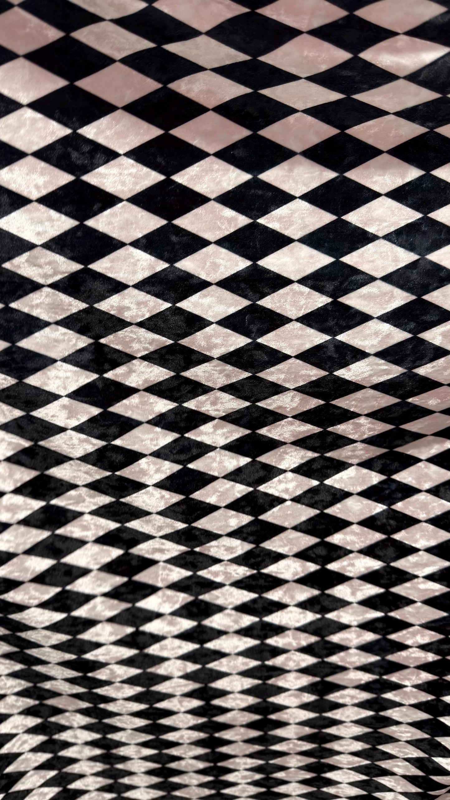Diamond Harlequin design Black/White & Red/White print on great quality of Crushed stretch velvet 4-way stretch 58/60” High quality fabrics