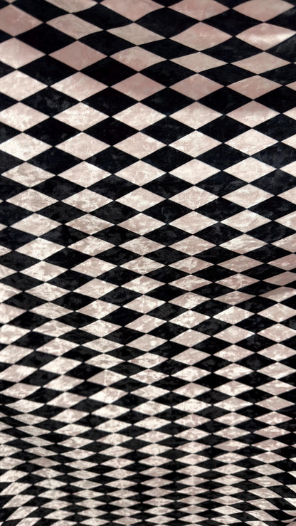 Diamond Harlequin design Black/White & Red/White print on great quality of Crushed stretch velvet 4-way stretch 58/60” High quality fabrics