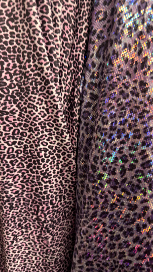 New Exotic cheetah design Violet Pink on metallic shattered glass nylon spandex and regular nylon spandex  4-way stretch 58/60”