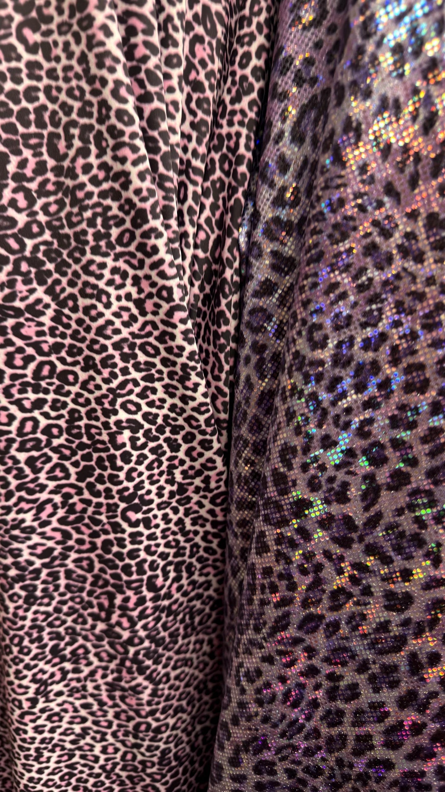 New Exotic cheetah design Violet Pink on metallic shattered glass nylon spandex and regular nylon spandex  4-way stretch 58/60”