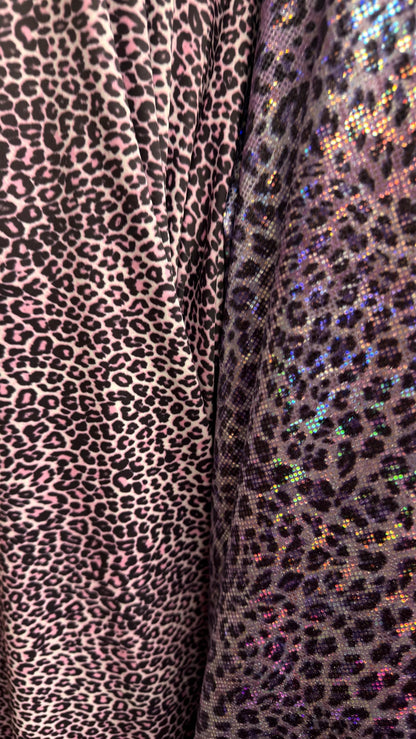 New Exotic cheetah design Violet Pink on metallic shattered glass nylon spandex and regular nylon spandex  4-way stretch 58/60”