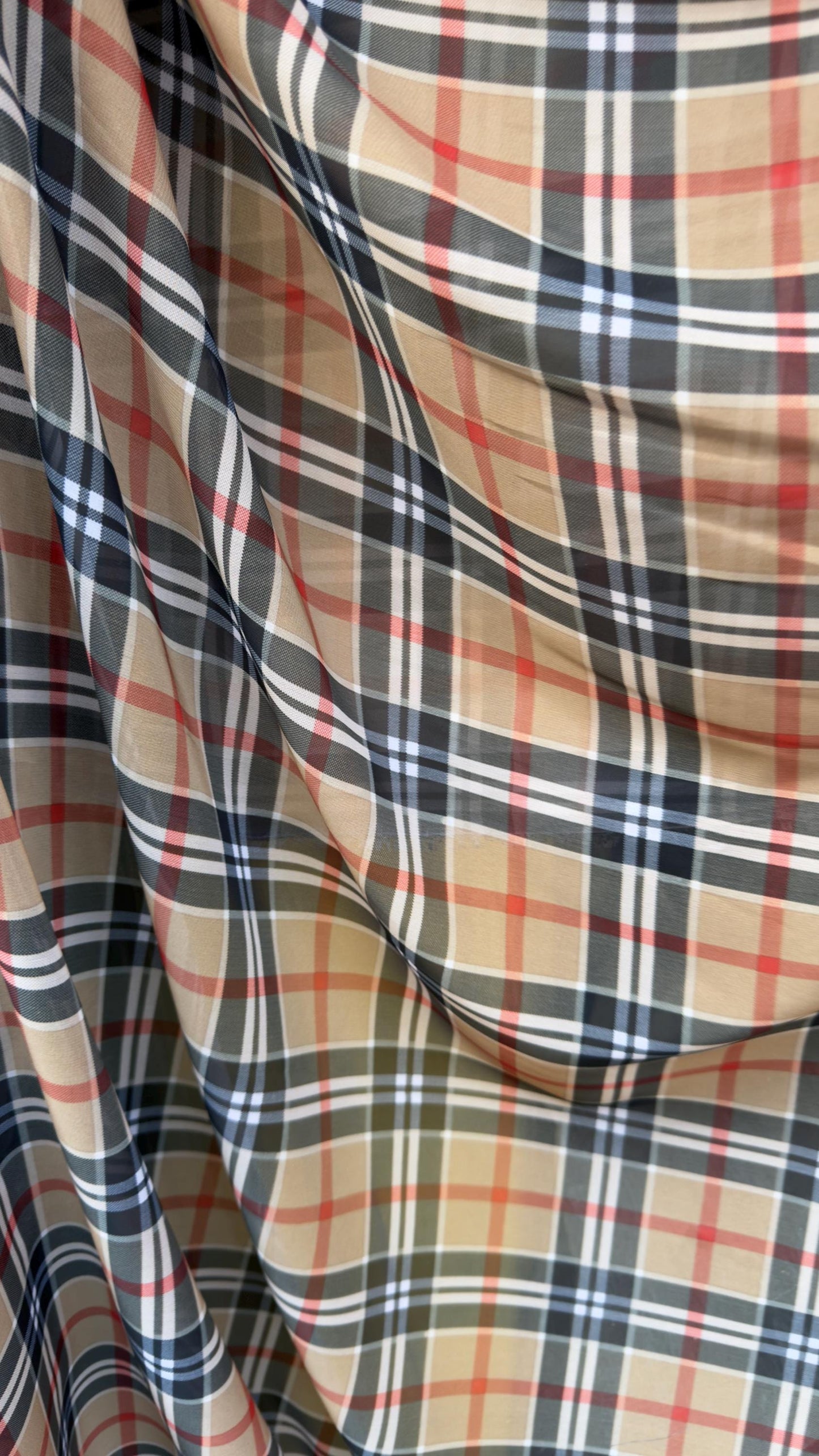 New plaid Fasion design print on great quality of silky high multi chiffon non stretch 58/60” Sold by the YD. Ships worldwide