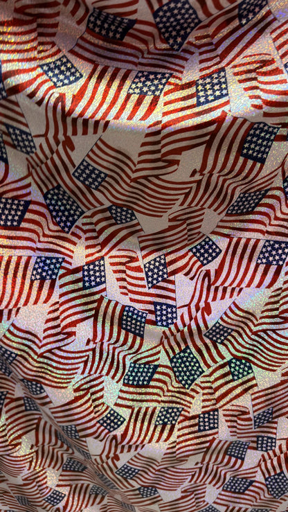 Freedom American Flag design on metallic  hologram nylon spandex with foggy foil  4-way stretch 58/60” High quality fabrics by AlexLAFabrics