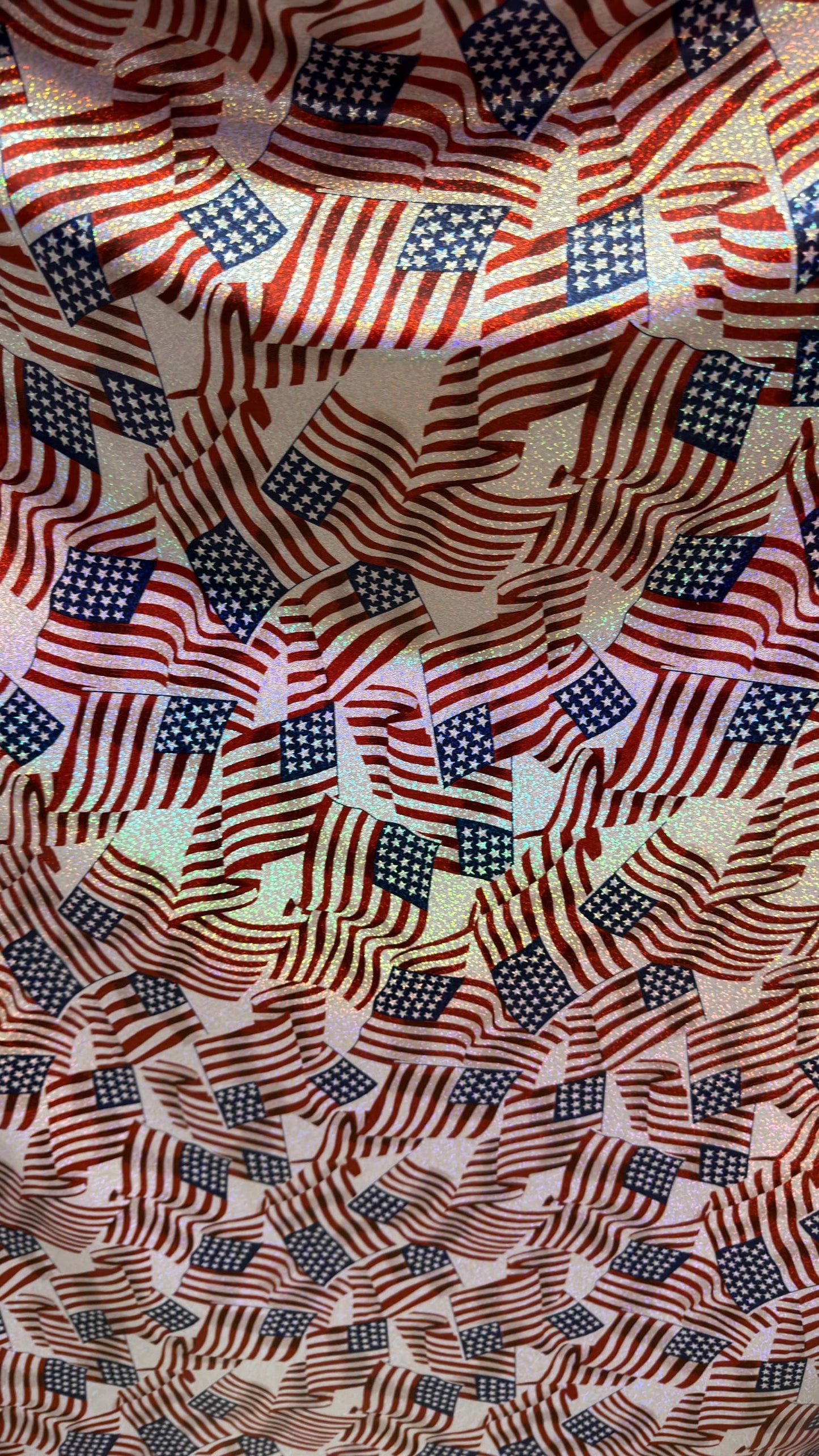 Freedom American Flag design on metallic  hologram nylon spandex with foggy foil  4-way stretch 58/60” High quality fabrics by AlexLAFabrics