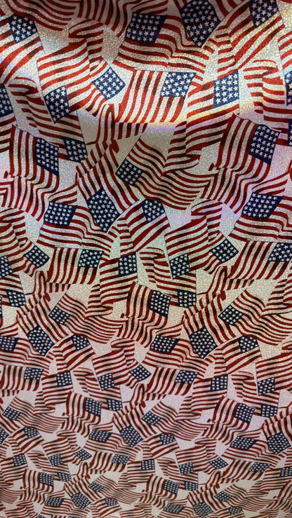 Freedom American Flag design on metallic  hologram nylon spandex with foggy foil  4-way stretch 58/60” High quality fabrics by AlexLAFabrics