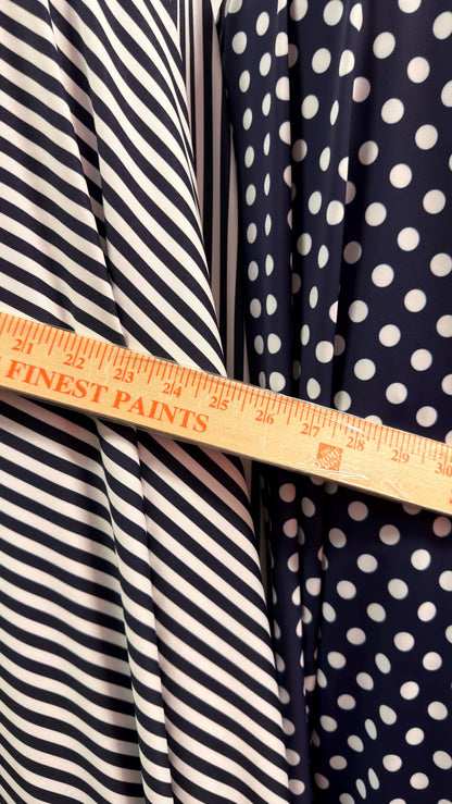 Polka dots and Small stripes design print on nylon spandex 4way stretch  58/60" sold by the Yd. Ships worldwide from Los Angeles California
