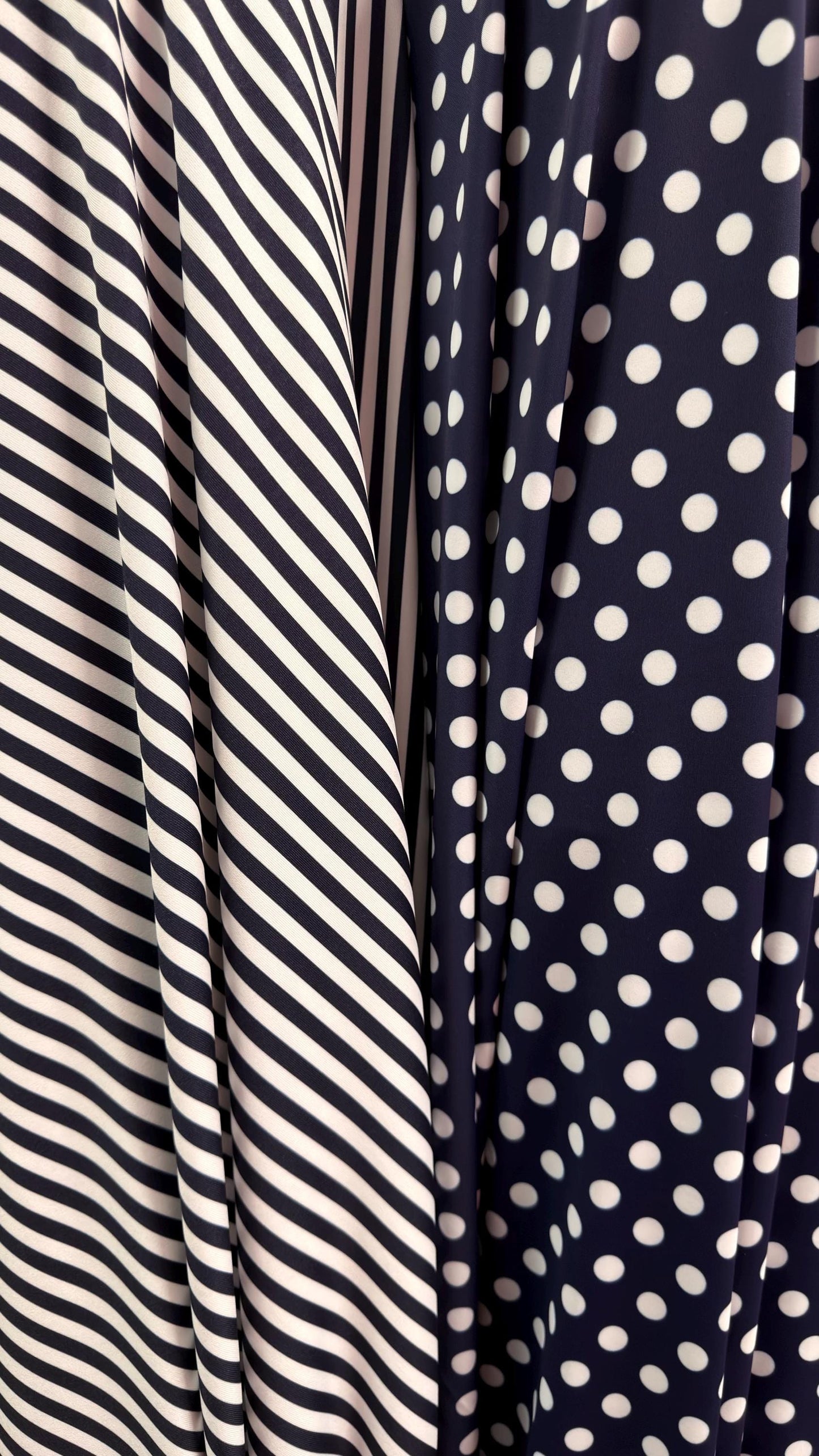 Polka dots and Small stripes design print on nylon spandex 4way stretch  58/60" sold by the Yd. Ships worldwide from Los Angeles California