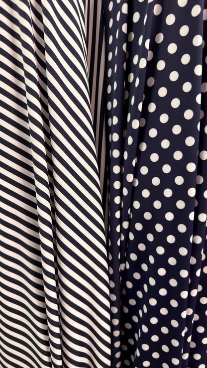 Polka dots and Small stripes design print on nylon spandex 4way stretch  58/60" sold by the Yd. Ships worldwide from Los Angeles California