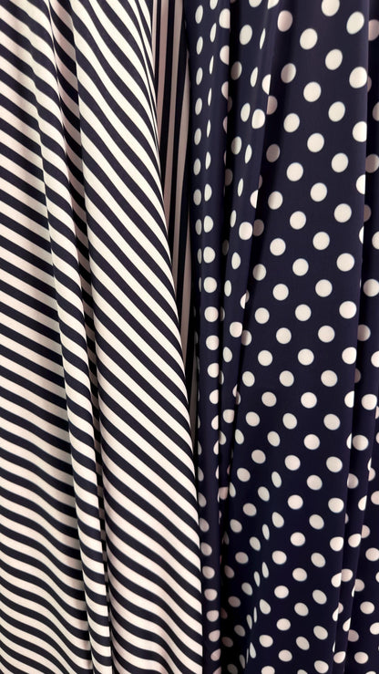 Polka dots and Small stripes design print on nylon spandex 4way stretch  58/60" sold by the Yd. Ships worldwide from Los Angeles California