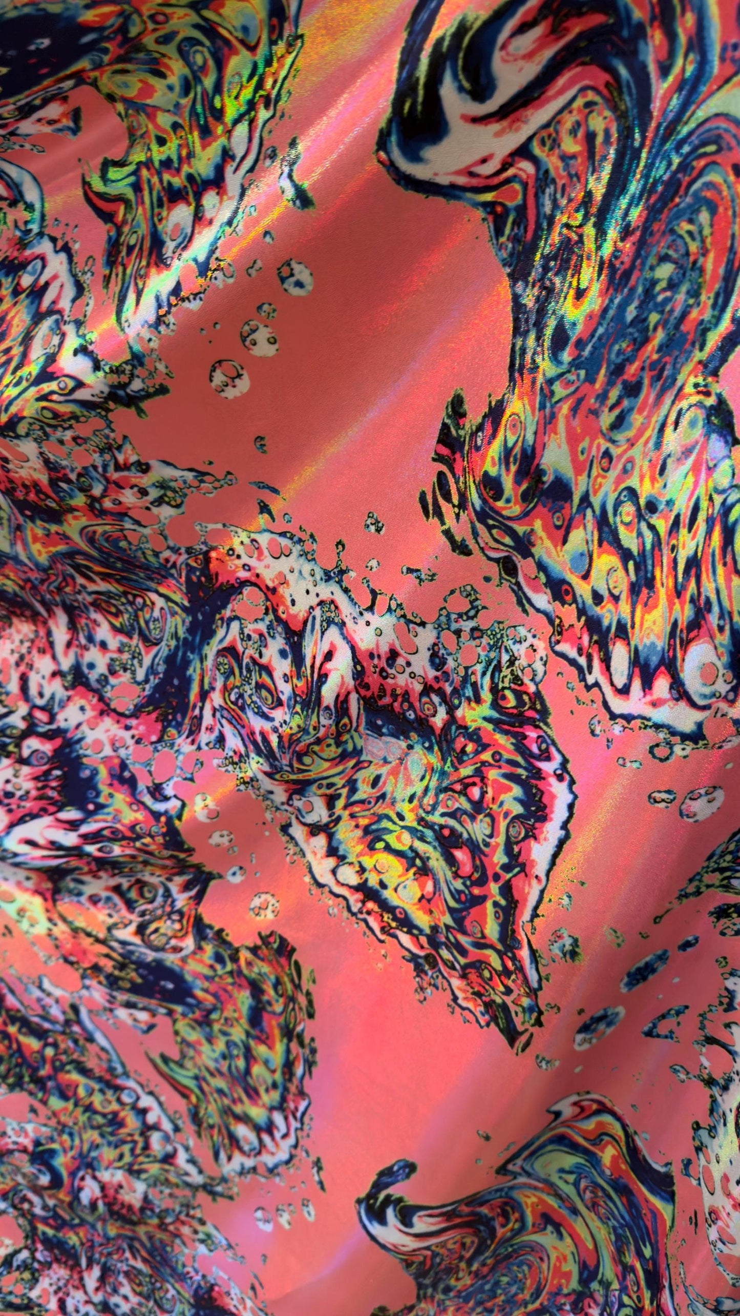 New Abstract Lava design with Iridescent metallic hologram foil 4way stretch 58/60" Sold by the YD. Ships worldwide from Los Angeles CA