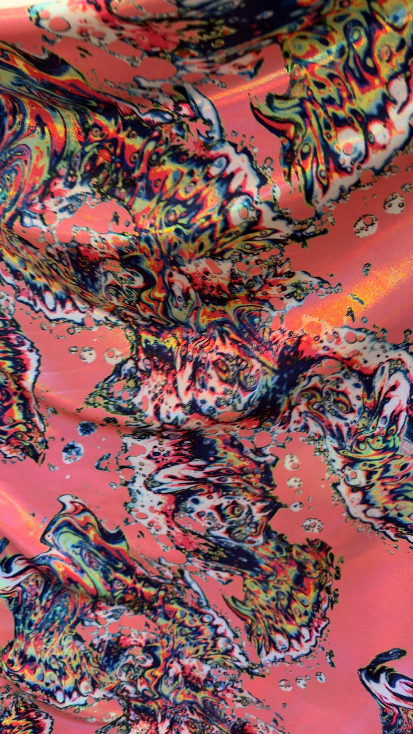 New Abstract Lava design with Iridescent metallic hologram foil 4way stretch 58/60" Sold by the YD. Ships worldwide from Los Angeles CA