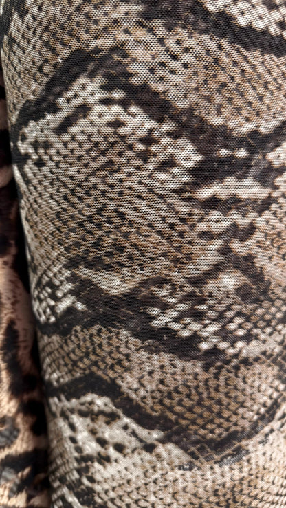 Anaconda snake skin and Safari Leopard design print on best quality of nylon power mesh 4way stretch 58/60” Sold by the YD. Ships Worldwide