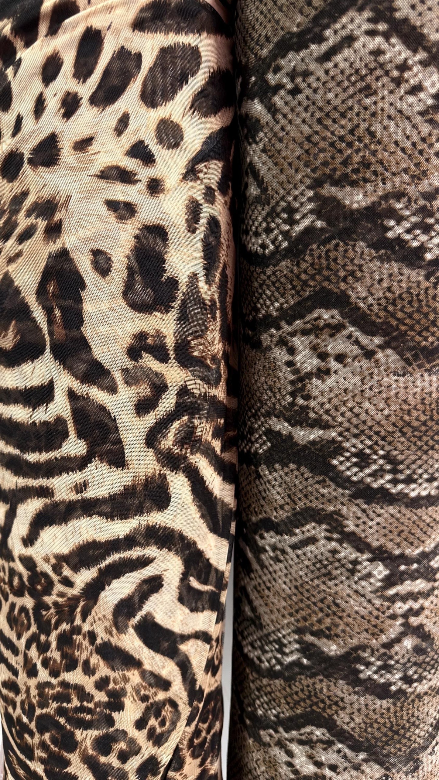 Anaconda snake skin and Safari Leopard design print on best quality of nylon power mesh 4way stretch 58/60” Sold by the YD. Ships Worldwide
