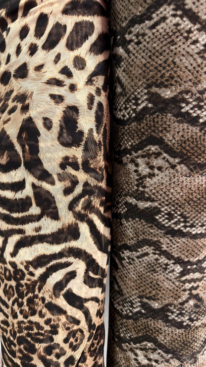 Anaconda snake skin and Safari Leopard design print on best quality of nylon power mesh 4way stretch 58/60” Sold by the YD. Ships Worldwide