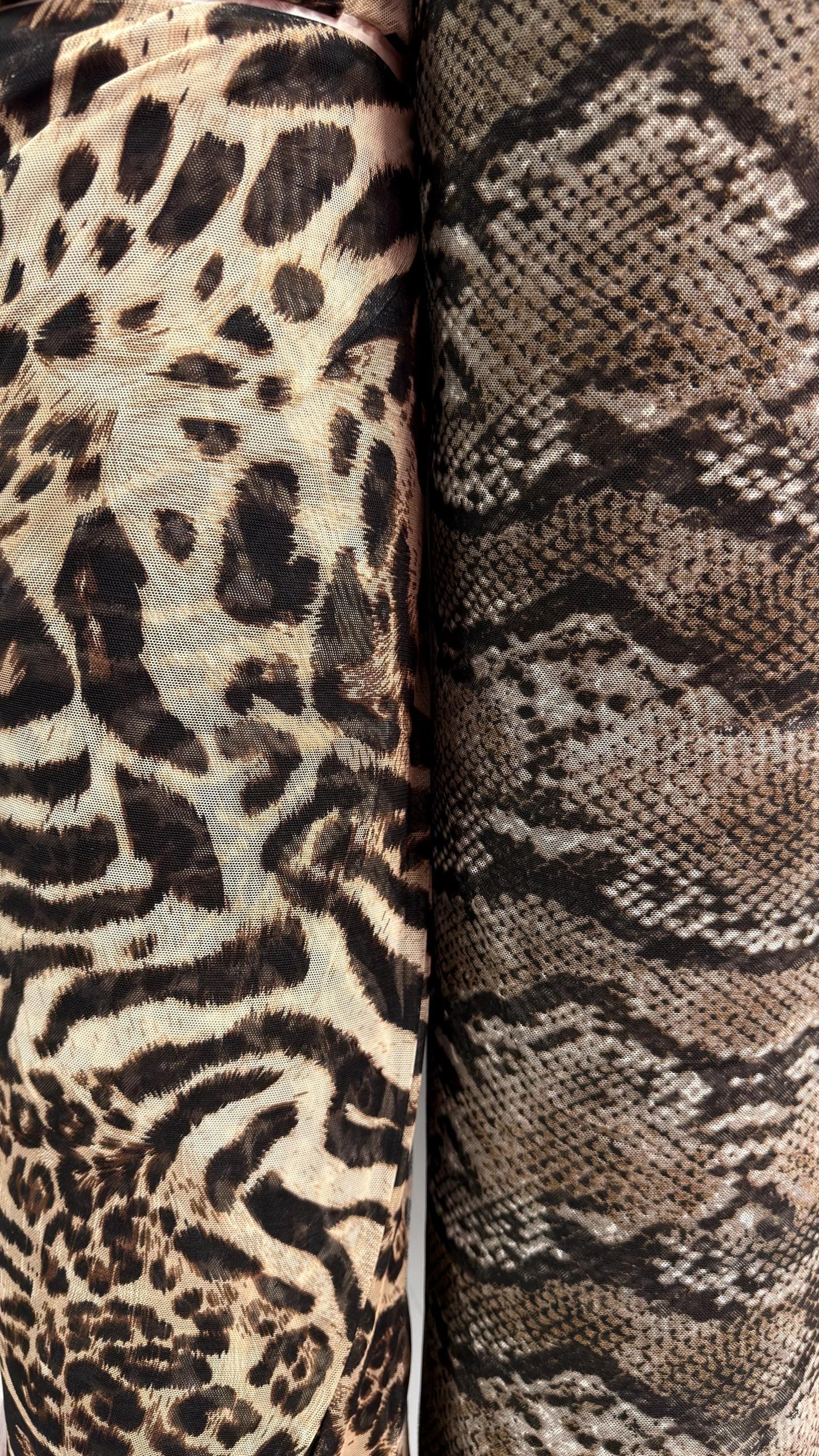Anaconda snake skin and Safari Leopard design print on best quality of nylon power mesh 4way stretch 58/60” Sold by the YD. Ships Worldwide