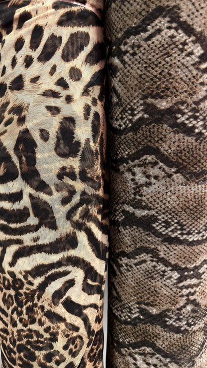 Anaconda snake skin and Safari Leopard design print on best quality of nylon power mesh 4way stretch 58/60” Sold by the YD. Ships Worldwide