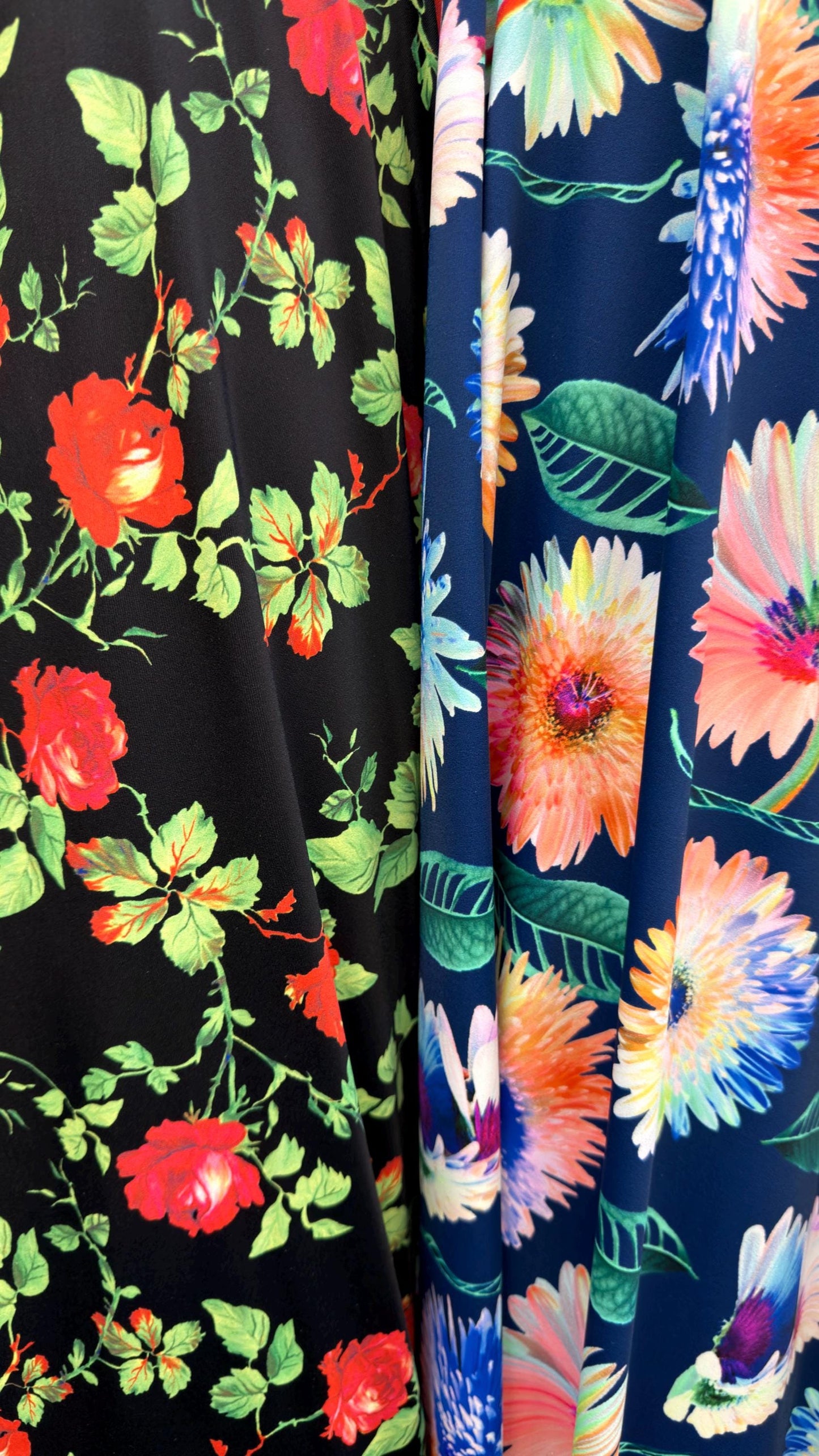 New modern flowers design multicolor print on best quality of nylon spandex 4-way stretch 58/60” Sold by the YD. Ships Worldwide from L.A CA