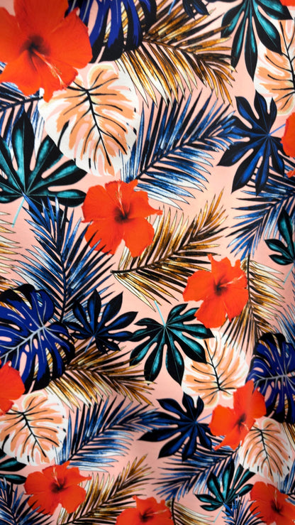 New Tropical flower design blush/multicolor print on best quality of nylon spandex 4-way stretch 58/60” Sold by the YD. Ships Worldwide